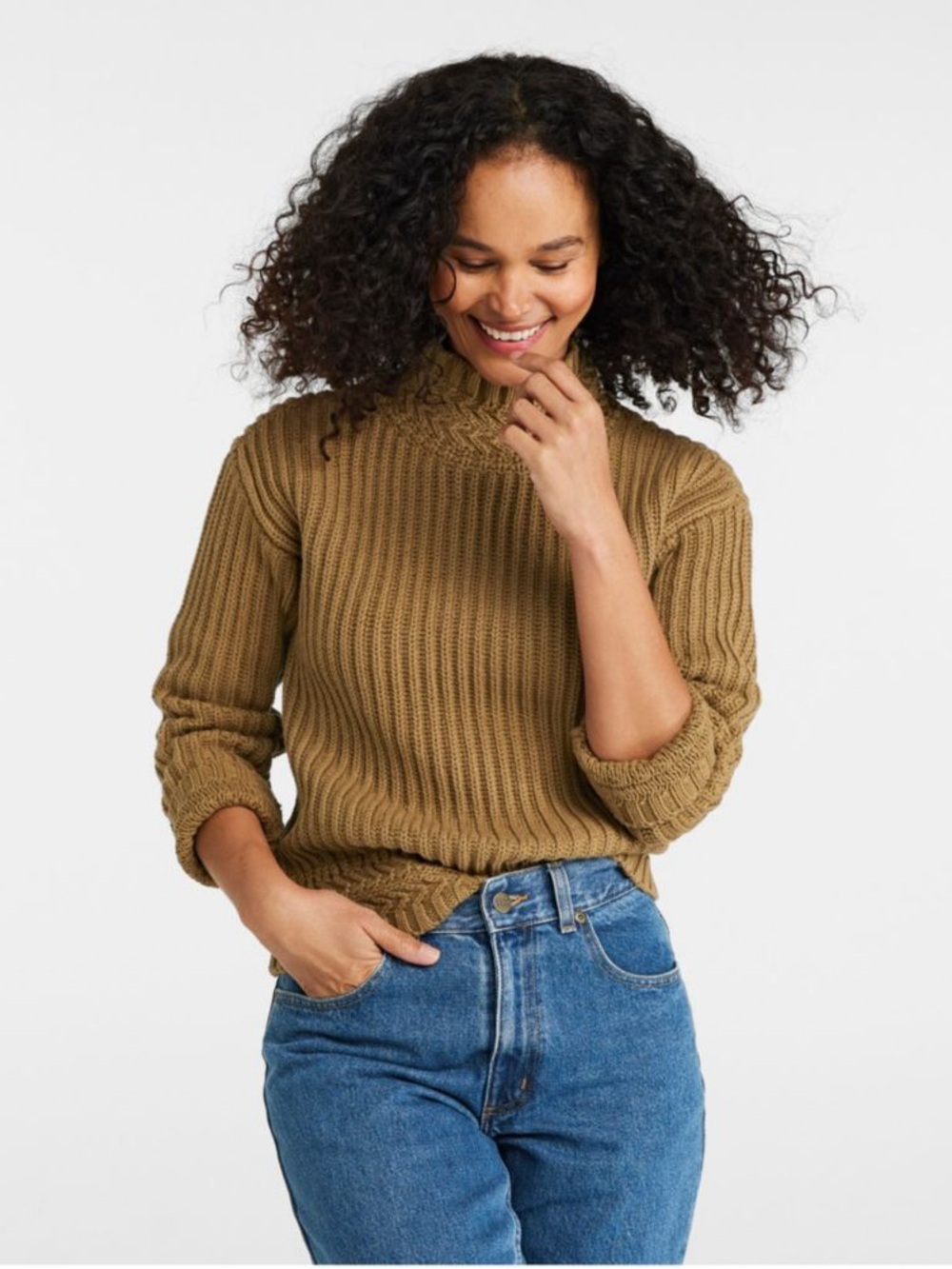 L.L.Bean Signature Mockneck Ribbed Sweater Walnut Organic Cotton Small
